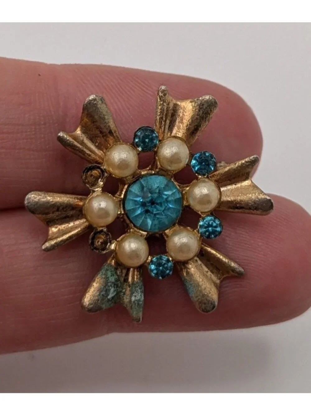 Vintage Atomic Sunburst Brooch Blue Gold Retro Mid Century Pin